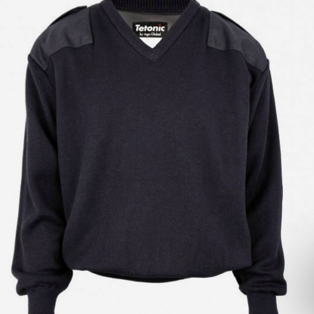 Men's Black Lined V-Neck Military Style Knit Sweater Size XL